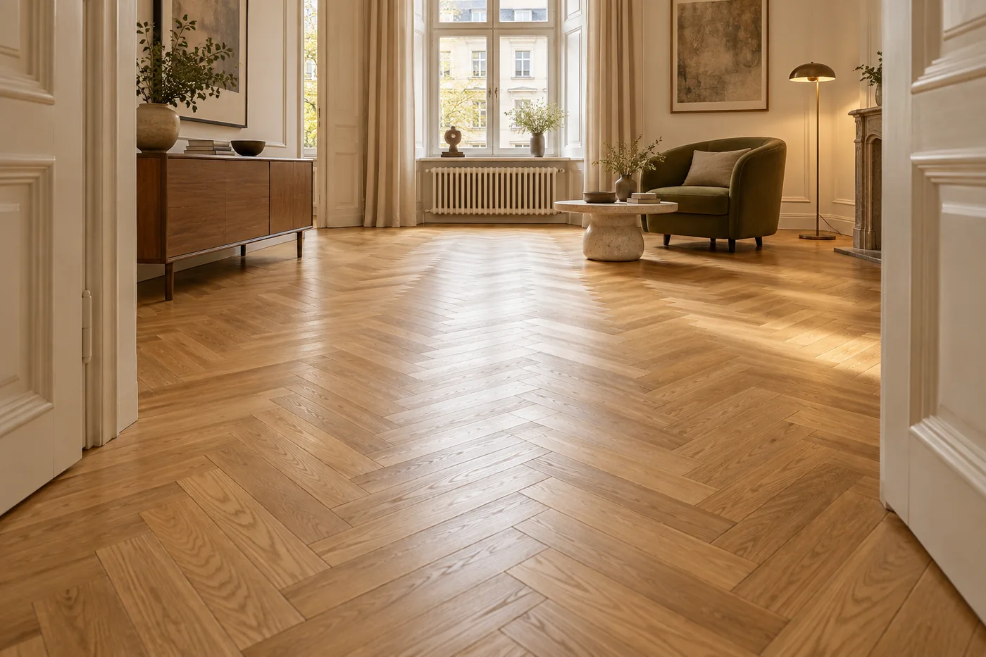 Wizualizacja salonu z naturalnym dębowym parkietem w jodełkę klasyczną