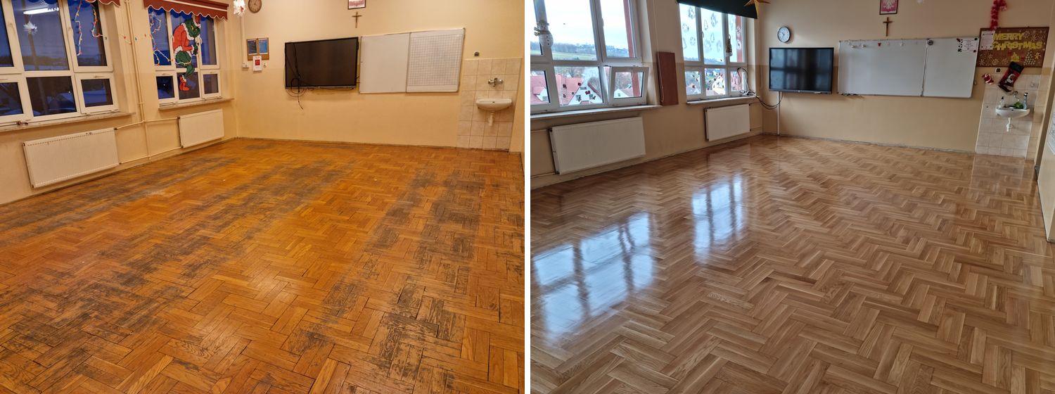 Szkolny parkiet w jodełkę przed cyklinowaniem i po renowacji – realizacja Perfekt Parkiet